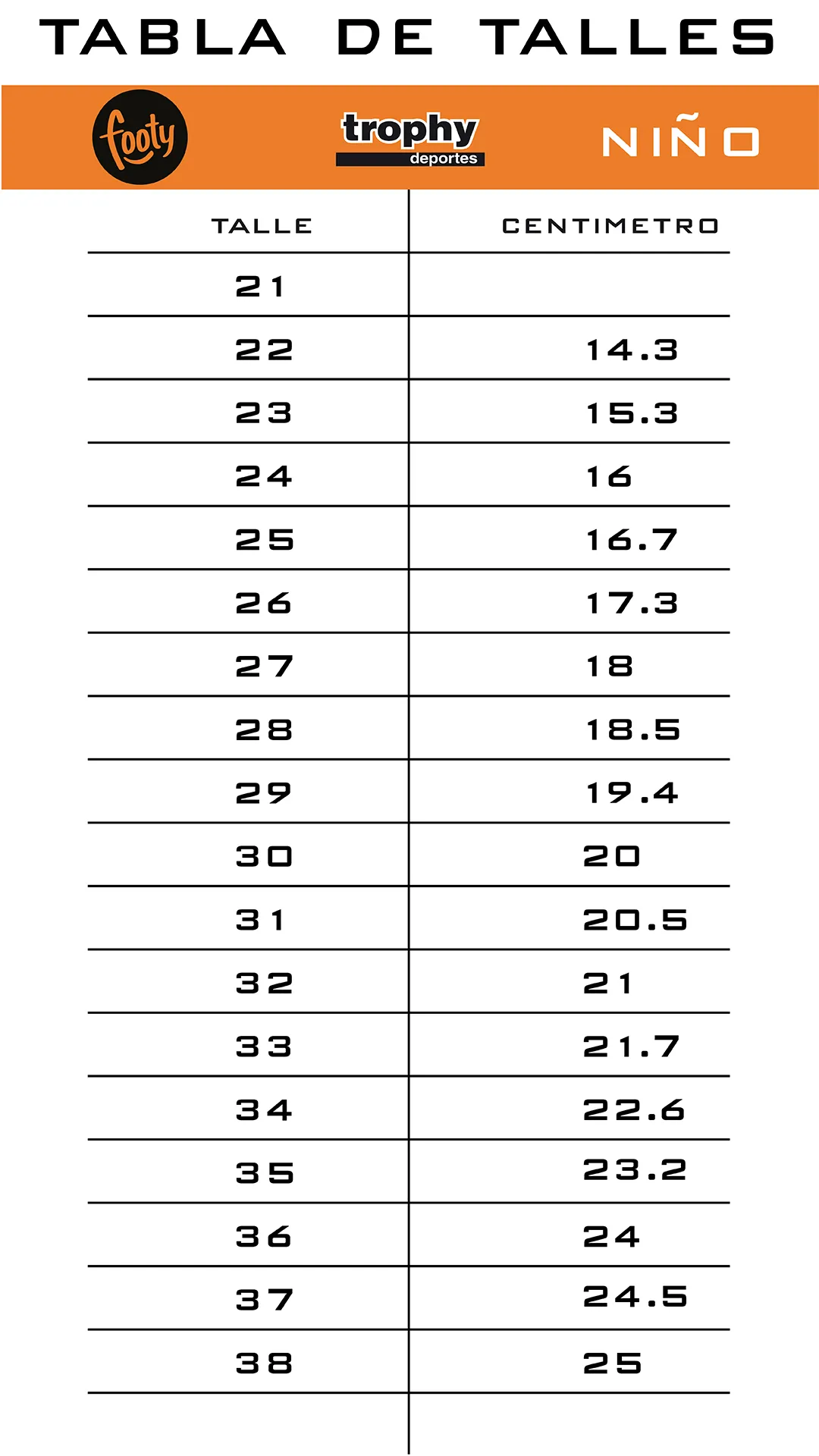 Footy tabla de discount talles